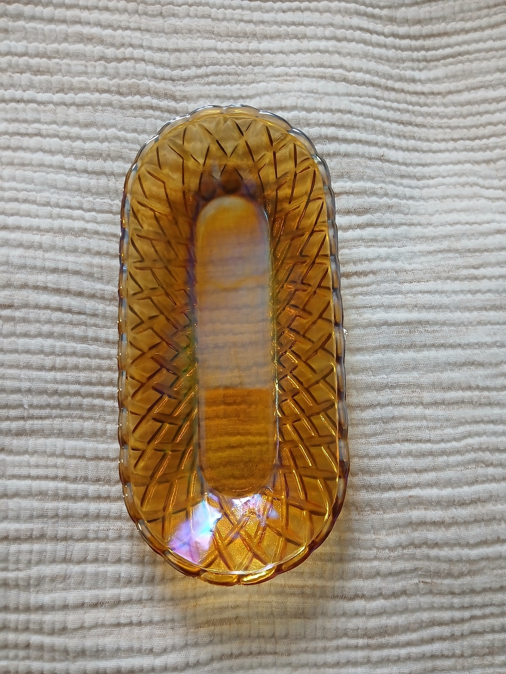 Vintage Indiana Glass Iridescent Carnival Glass Marigold Celery Dish